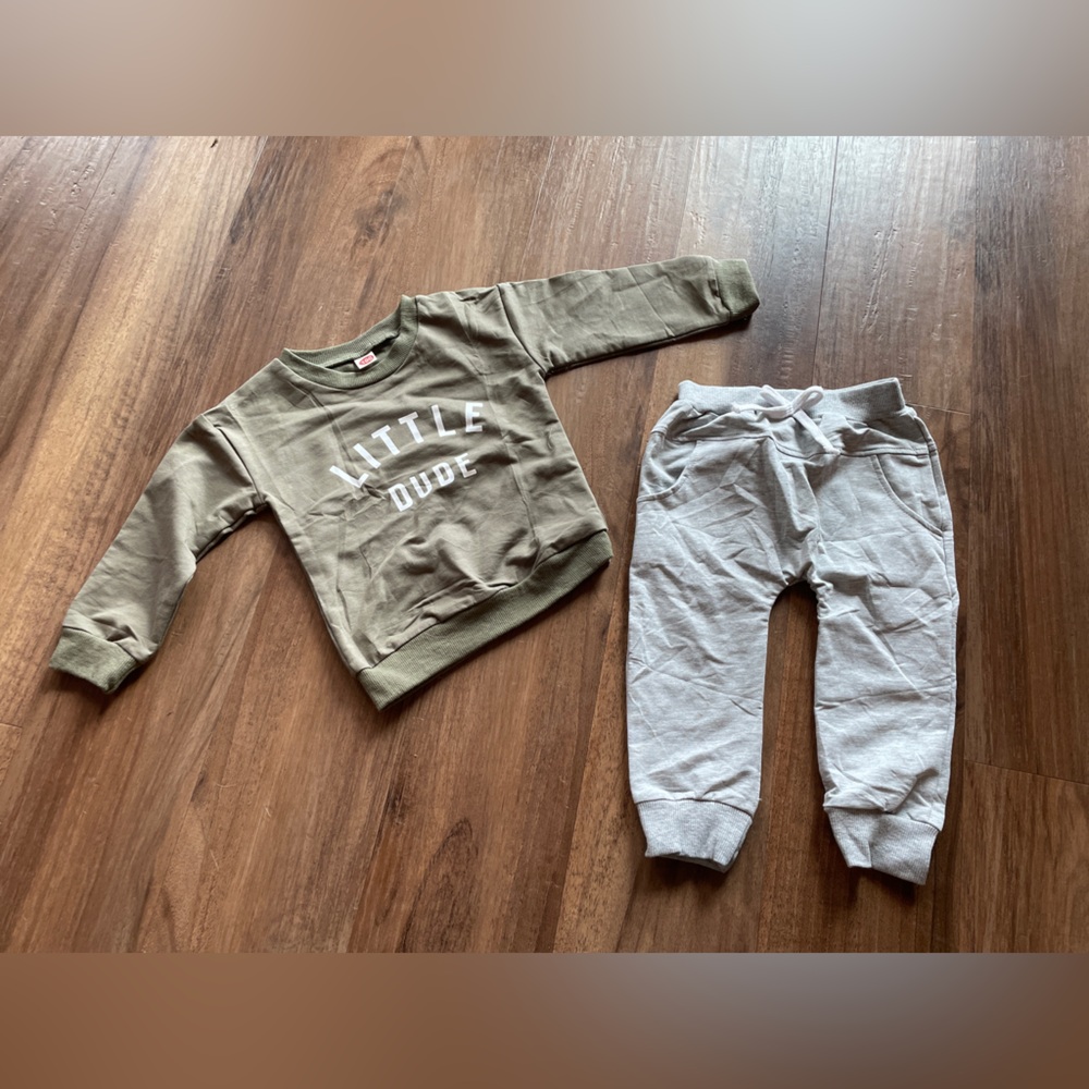 New 'Little Dude' Olive Green Sweatshirt and Light Gray Joggers Set